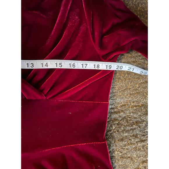 Deep red velvet maxi dress faux wrap wide midriff  v neck long sleeve party - Picture 8 of 11